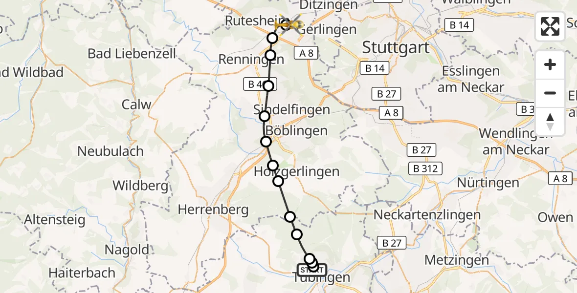Flugroute Rettungshubschrauber Tübingen University Hospital - Leonberg Hospital, 24 August 2026, 18:30