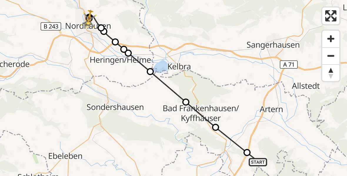 Flugroute Rettungshubschrauber Oberheldrungen - Südharz Hospital Nordhausen, 24 August 2026, 18:38