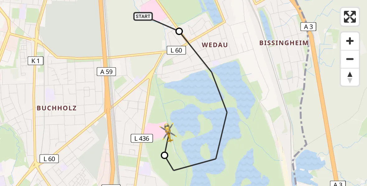Flugroute Rettungshubschrauber Sana Clinic Duisburg Hubschrauberlandeplatz - Duisburg Air Rescue Hubschrauberlandeplatz (Christoph 9), 24 August 2026, 18:47