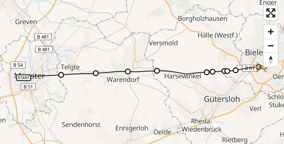 Flugroute Rettungshubschrauber Münster - Luftrettungszentrum Bielefeld, 24 August 2026, 18:47