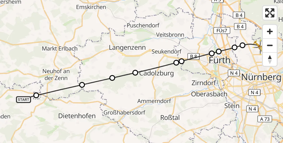 Flugroute Rettungshubschrauber Rügland - Flughafen Nuremberg, 24 August 2026, 18:55