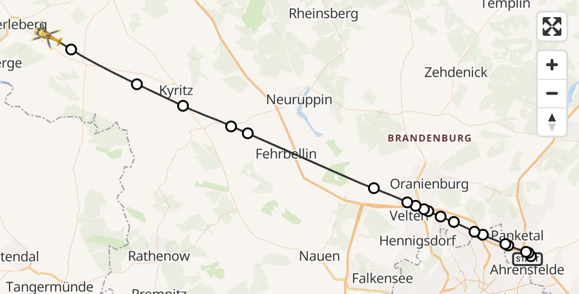Flugroute Rettungshubschrauber Ahrensfelde Hubschrauberlandeplatz - Plattenburg, 24 August 2026, 19:21