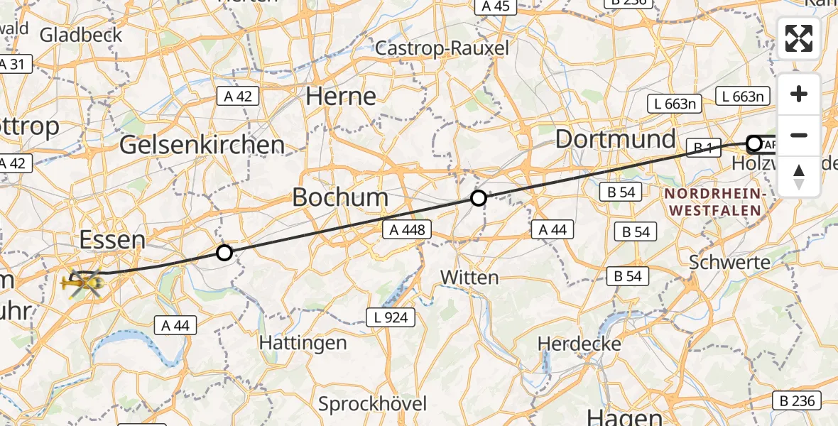 Flugroute Rettungshubschrauber Dortmund Flughafen - Essen, 25 August 2026, 00:33