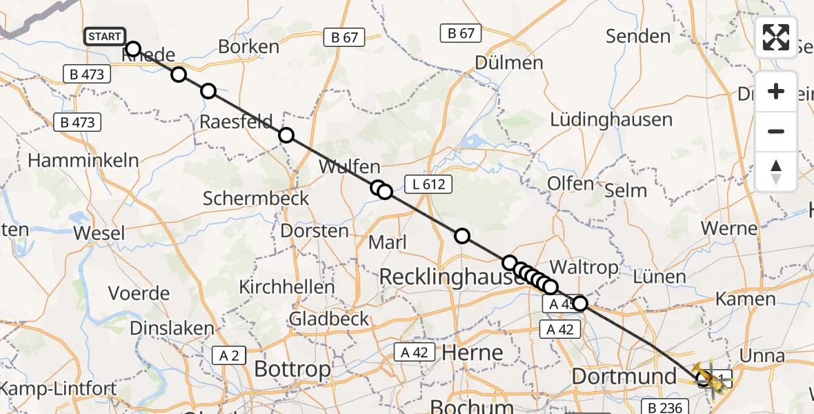 Flugroute Rettungshubschrauber Bocholt - Dortmund Flughafen, 25 August 2026, 01:29