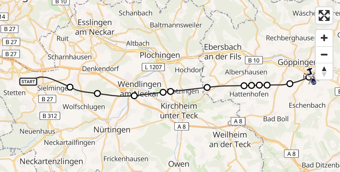 Flugroute Polizeihubschrauber Flughafen Stuttgart - Göppingen, 25 August 2026, 05:03