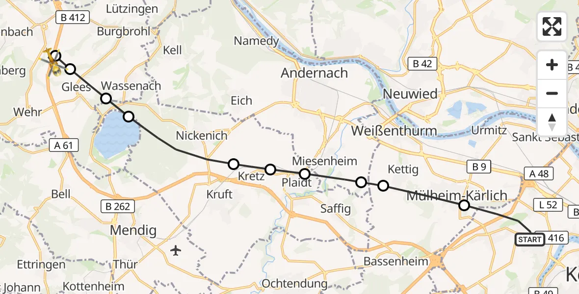 Flugroute Rettungshubschrauber Koblenz - Niederzissen, 25 August 2026, 05:29