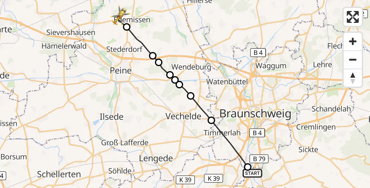 Flugroute Rettungshubschrauber Wolfenbüttel - Edemissen, 25 August 2026, 05:32