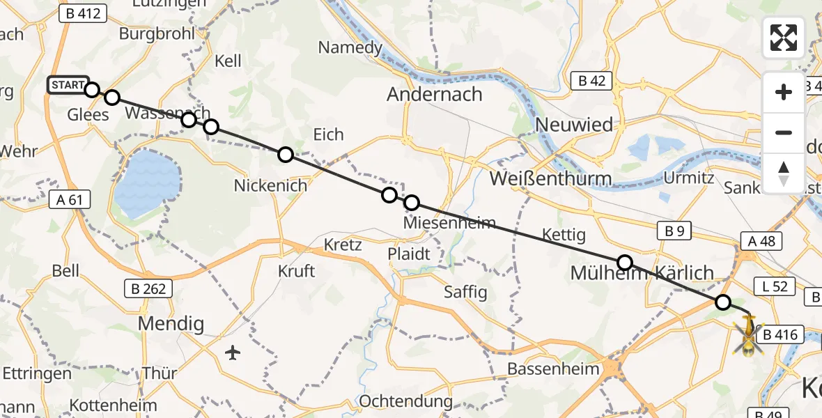 Flugroute Rettungshubschrauber Niederzissen - Koblenz, 25 August 2026, 06:00