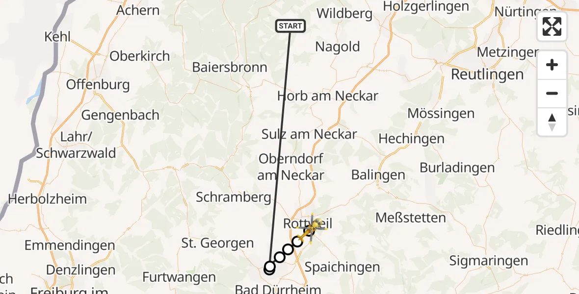 Flugroute Ambulanzhubschrauber Altensteig - Rottweil-Rottenmünster Hospital Hubschrauberlandeplatz, 25 August 2026, 06:25