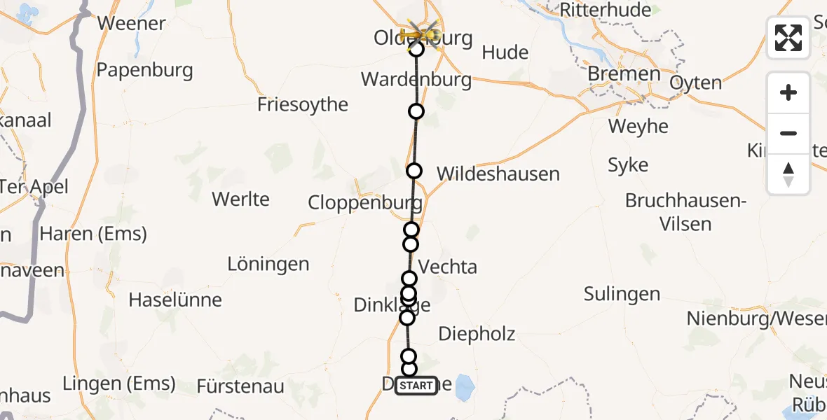 Flugroute Rettungshubschrauber Damme - Oldenburg (Oldb), 25 August 2026, 06:26