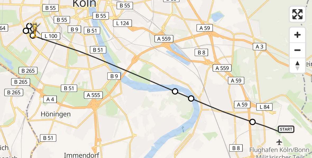 Flugroute Ambulanzhubschrauber Köln Bonn Flughafen - Köln University Hospital, 25 August 2026, 06:30