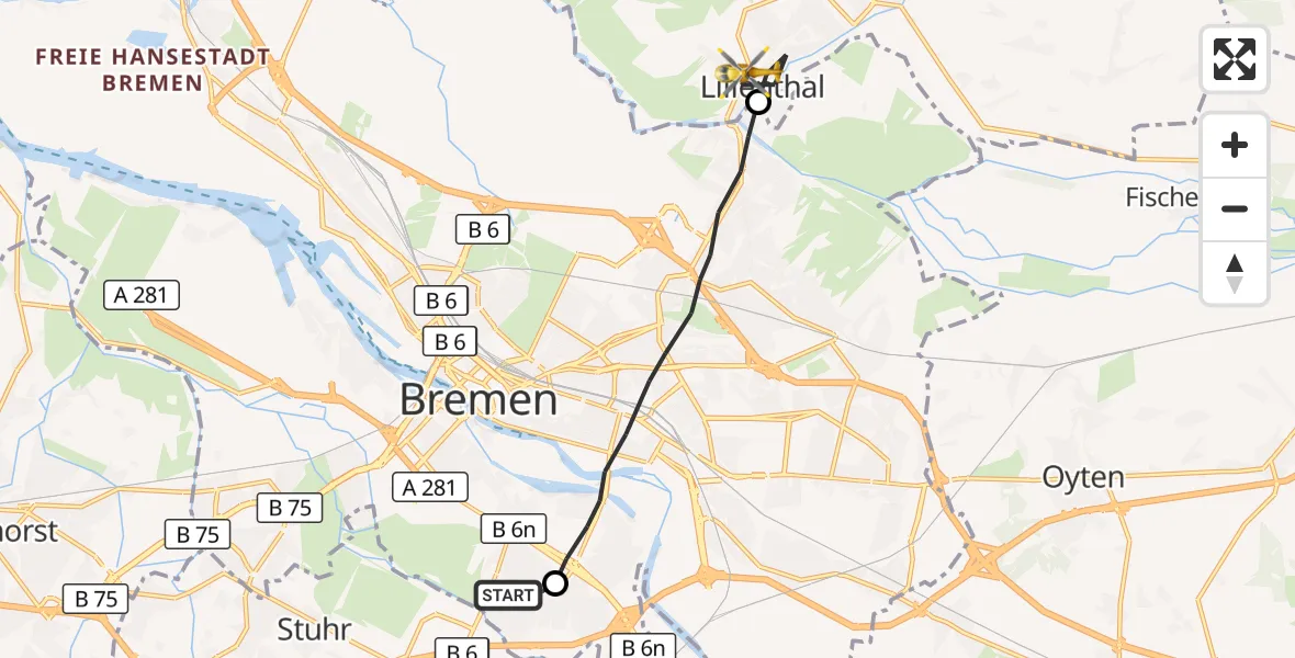 Flugroute Rettungshubschrauber ADAC Air Rescue Station Bremen Hubschrauberlandeplatz (Christoph 6) - Lilienthal, 25 August 2026, 06:32