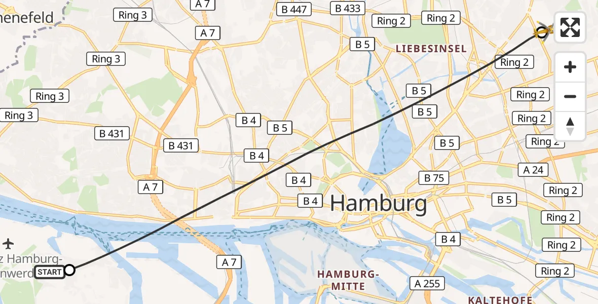 Flugroute Rettungshubschrauber Hamburg-Finkenwerder Flughafen - Hamburg Military Hospital, 25 August 2026, 06:33