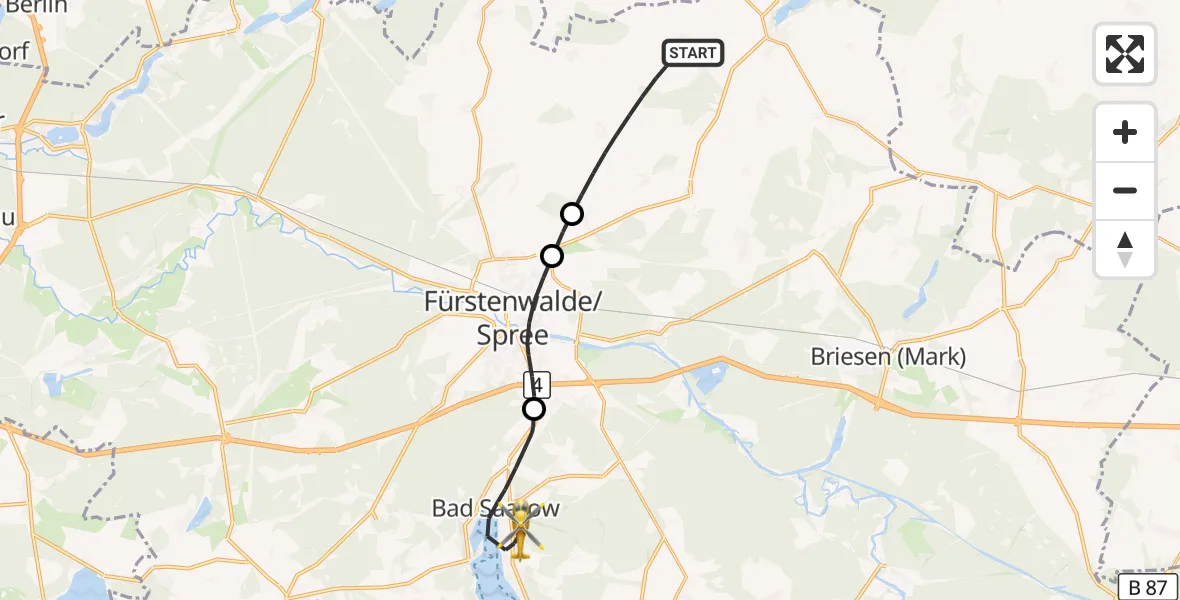 Flugroute Rettungshubschrauber Steinhöfel - Bad Saarow, 25 August 2026, 06:38