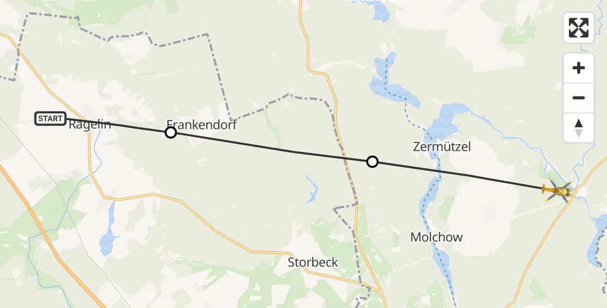Flugroute Rettungshubschrauber Temnitzquell - Neuruppin, 25 August 2026, 06:51