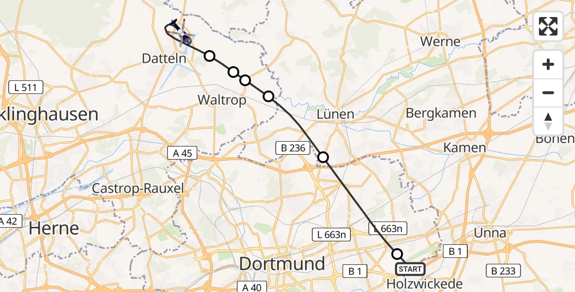 Flugroute Polizeihubschrauber Dortmund Flughafen - Datteln, 25 August 2026, 06:53