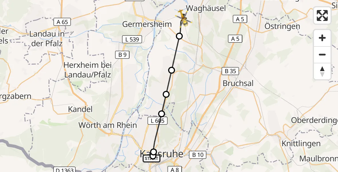 Flugroute Ambulanzhubschrauber Sankt Vincentius Hospital - Philippsburg, 25 August 2026, 06:54