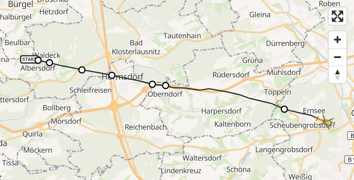 Flugroute Rettungshubschrauber Bürgel - SRH Wald-Klinikum Gera Hospital Hubschrauberlandeplatz, 25 August 2026, 06:55