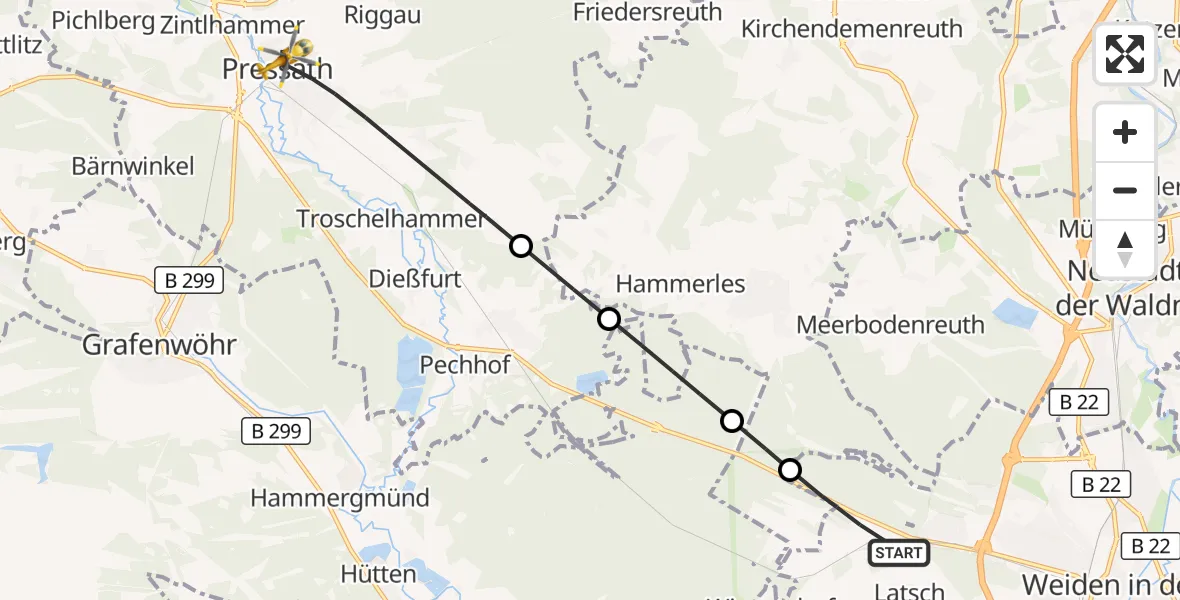 Flugroute Ambulanzhubschrauber Weiden i.d.OPf. - Pressath, 25 August 2026, 07:04
