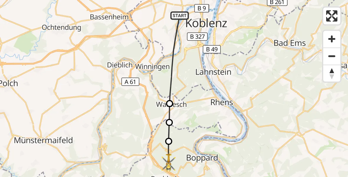 Flugroute Rettungshubschrauber Koblenz - Boppard, 25 August 2026, 07:16