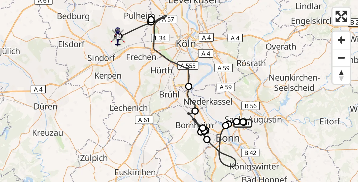 Flugroute Polizeihubschrauber Sankt Augustin - Bergheim, 25 August 2026, 07:22