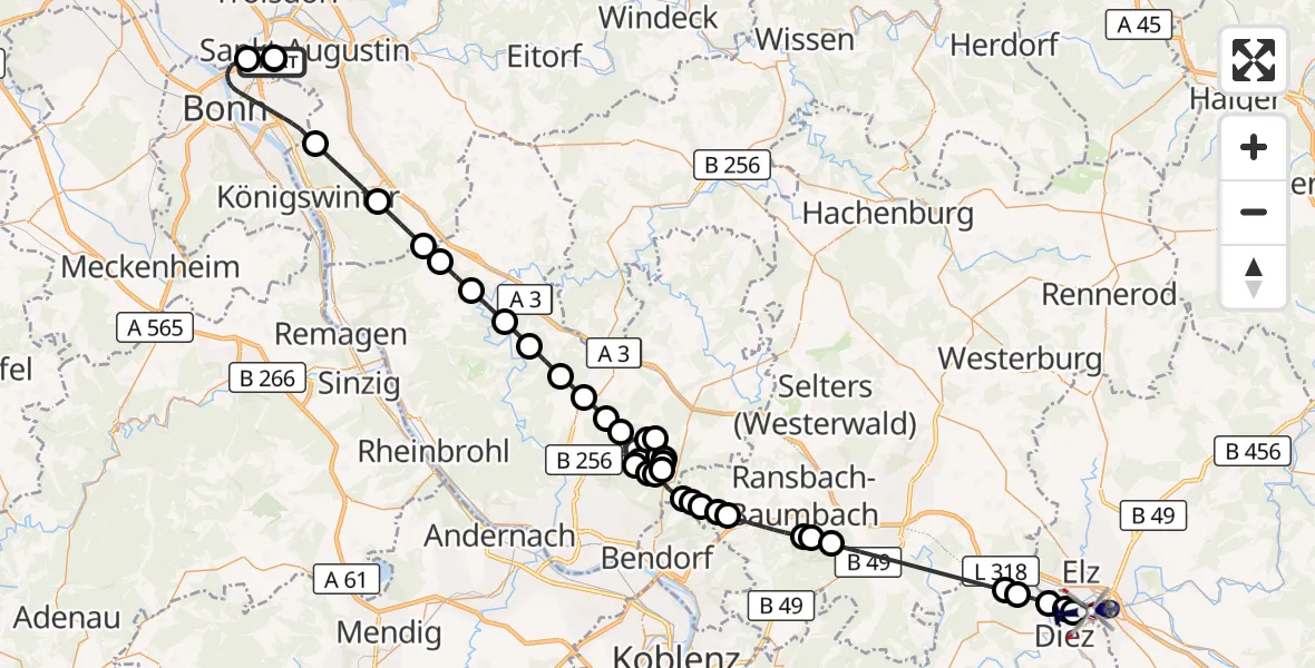Flugroute Polizeihubschrauber Sankt Augustin - Limburg a.d.Lahn, 25 August 2026, 07:23