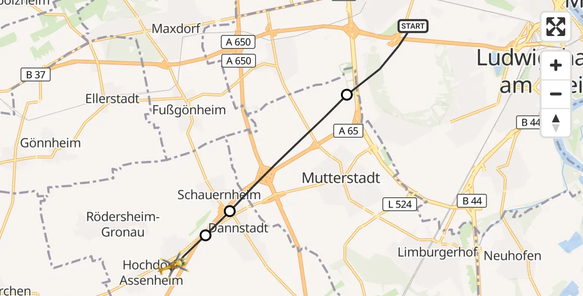 Flugroute Rettungshubschrauber Ludwigshafen am Rhein - Hochdorf-Assenheim, 25 August 2026, 07:25