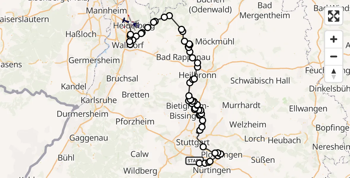 Flugroute Polizeihubschrauber Flughafen Stuttgart - Heidelberg, 25 August 2026, 07:25