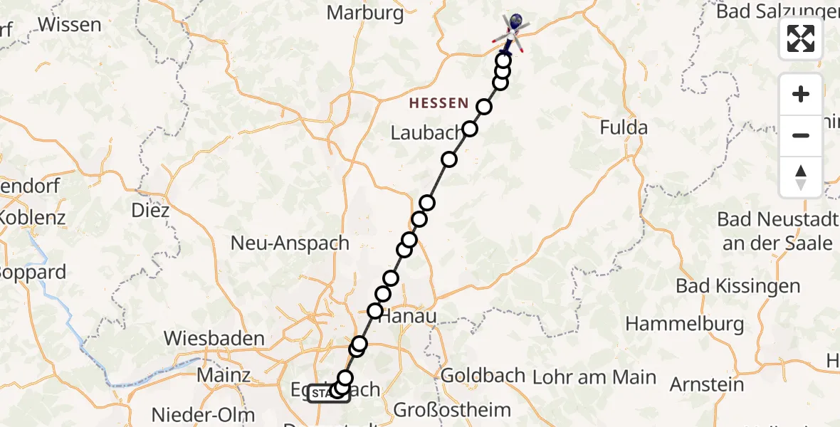 Flugroute Polizeihubschrauber Flughafen Frankfurt-Egelsbach - Alsfeld, 25 August 2026, 07:27