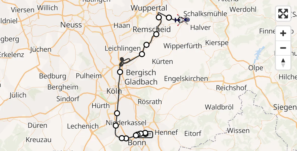 Flugroute Polizeihubschrauber Sankt Augustin - Radevormwald-Leye Segelfluggelände, 25 August 2026, 07:29