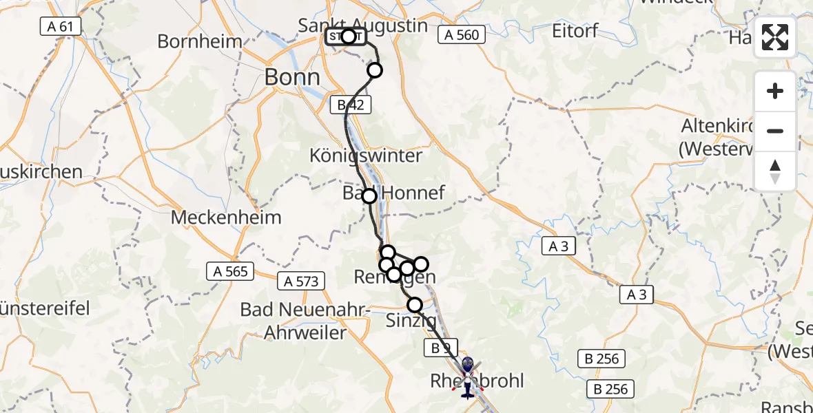 Flugroute Polizeihubschrauber Bonn-Hangelar Flugplatz - Rheinbrohl, 25 August 2026, 07:33