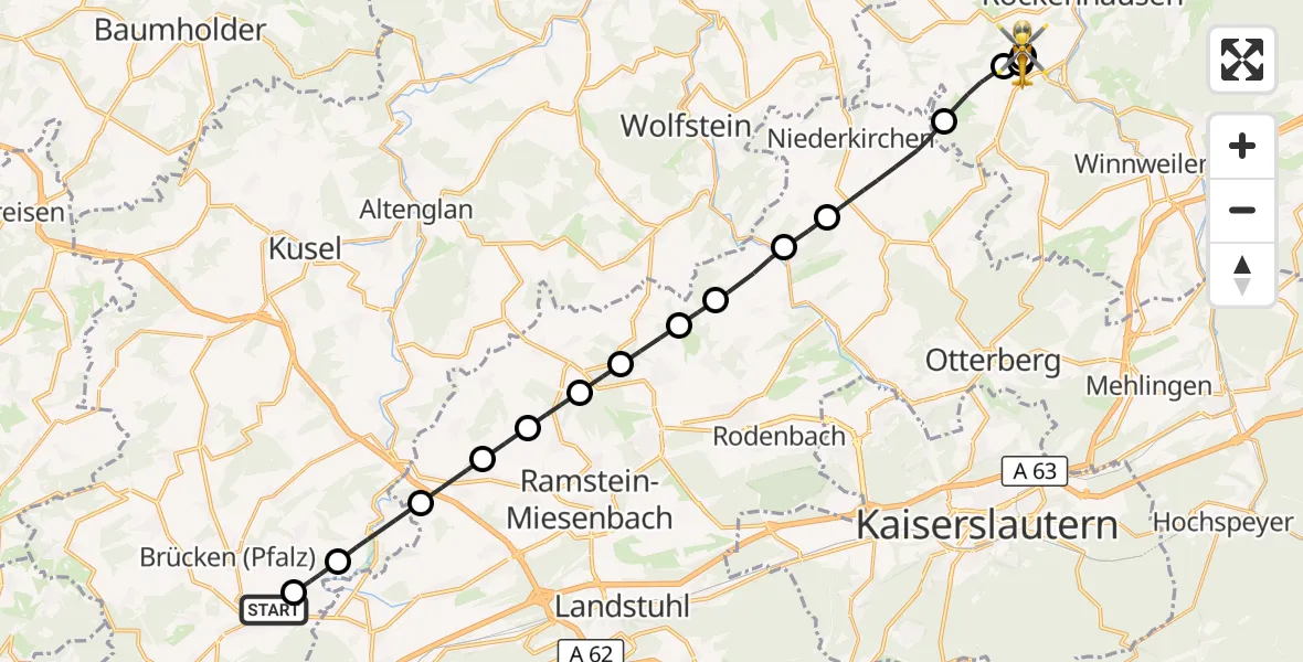 Flugroute Rettungshubschrauber Schönenberg-Kübelberg - Rockenhausen, 25 August 2026, 07:44