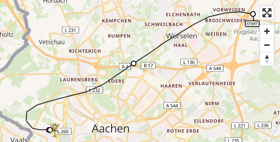 Flugroute Rettungshubschrauber Aachen-Merzbrück Flughafen - Aachen Hospital, 25 August 2026, 07:44