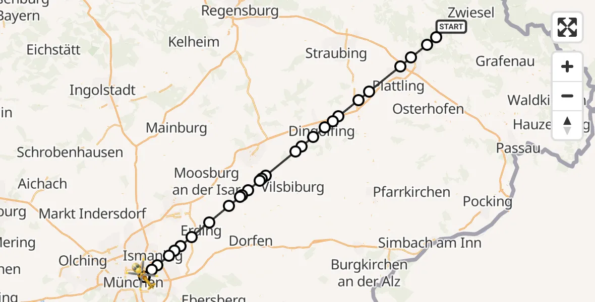 Flugroute Rettungshubschrauber Regen - München Bogenhausen Hospital, 25 August 2026, 07:47