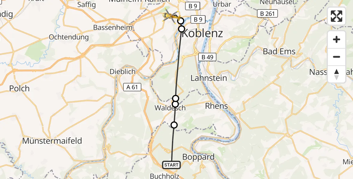Flugroute Rettungshubschrauber Boppard - Koblenz, 25 August 2026, 07:47