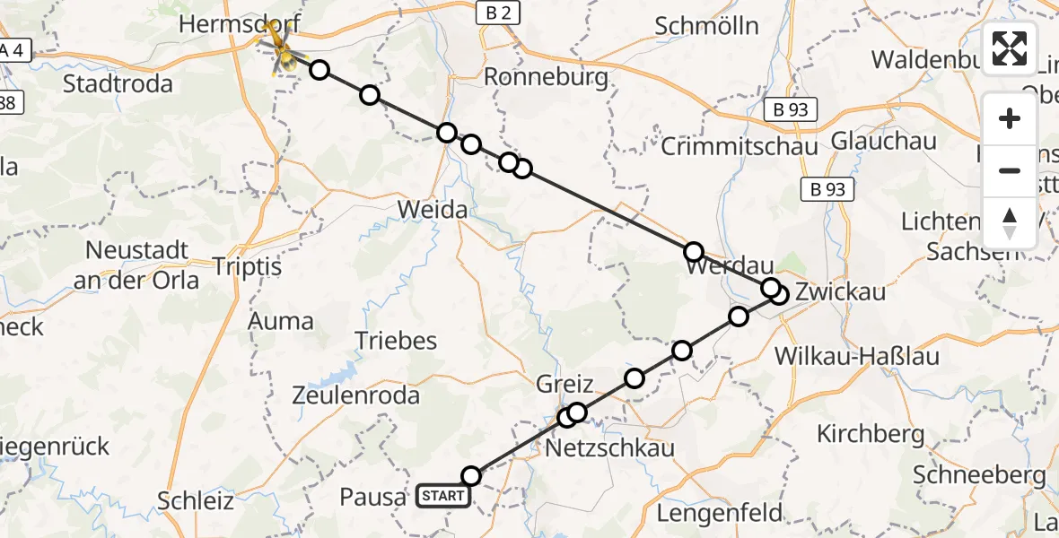Flugroute Rettungshubschrauber Zeulenroda-Triebes - Kraftsdorf, 25 August 2026, 07:54