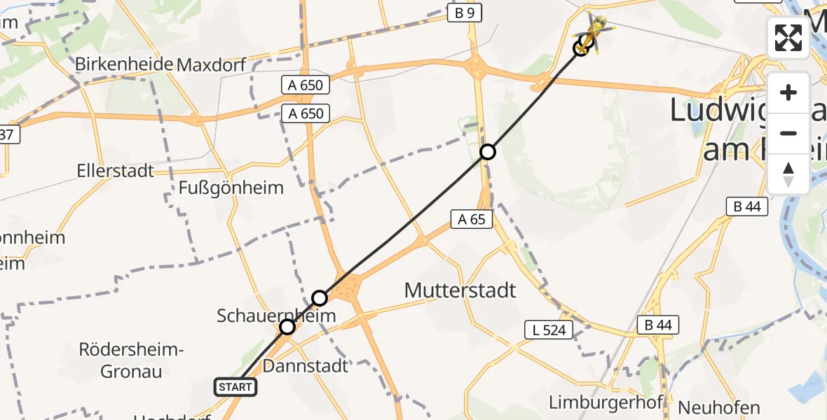Flugroute Rettungshubschrauber Hochdorf-Assenheim - Ludwigshafen Accident Hospital, 25 August 2026, 07:59