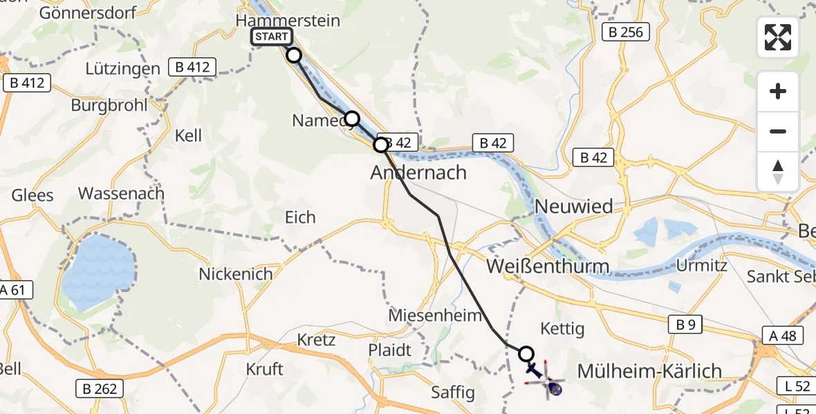 Flugroute Polizeihubschrauber Brohl-Lützing - Kettig, 25 August 2026, 08:01