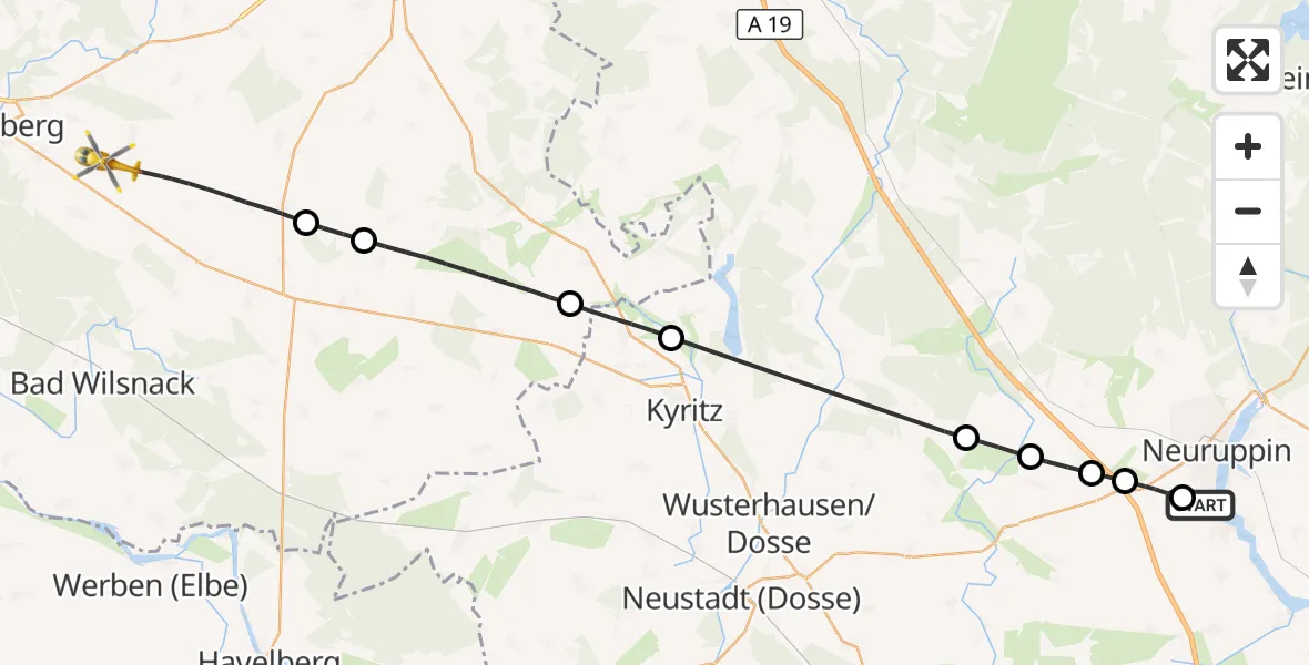 Flugroute Rettungshubschrauber Rupin Hospital - Plattenburg, 25 August 2026, 08:02