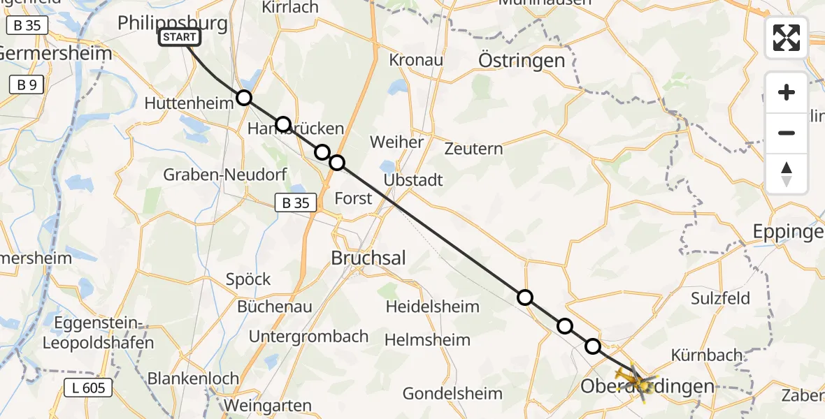 Flugroute Ambulanzhubschrauber Philippsburg - Oberderdingen, 25 August 2026, 08:03