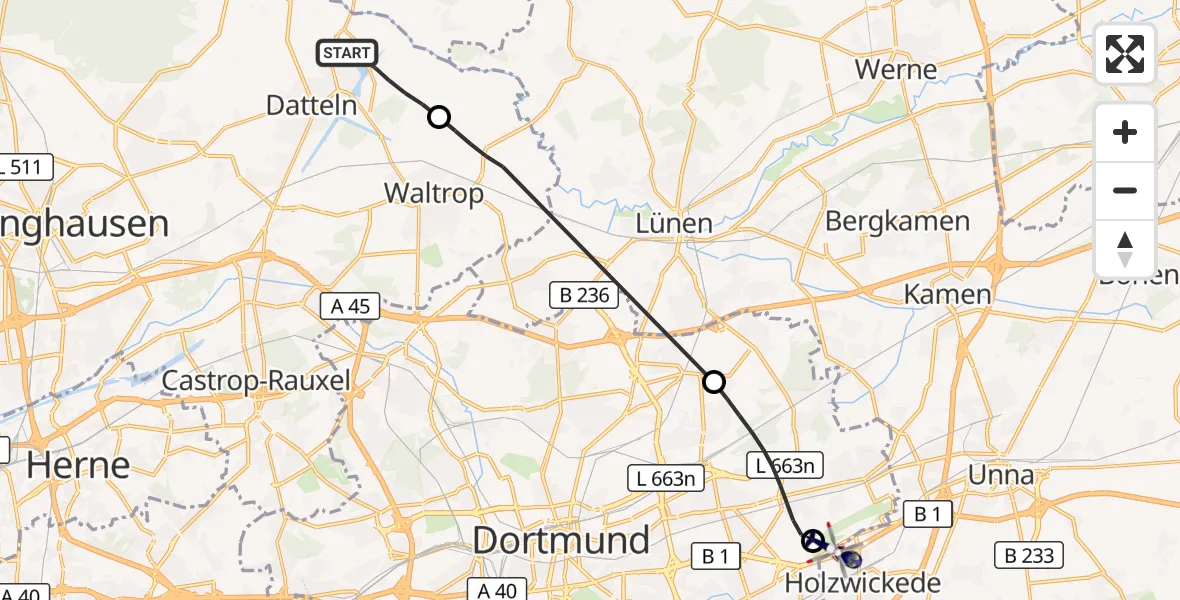 Flugroute Polizeihubschrauber Datteln - Dortmund Flughafen, 25 August 2026, 08:03