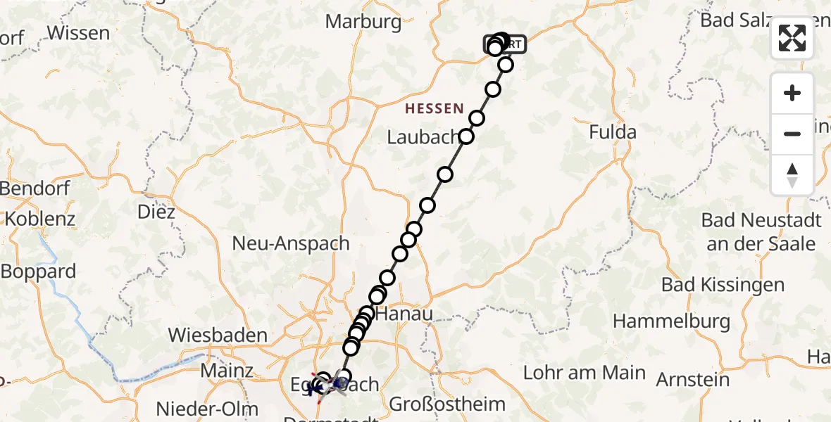 Flugroute Polizeihubschrauber Alsfeld - Flughafen Frankfurt-Egelsbach, 25 August 2026, 08:05