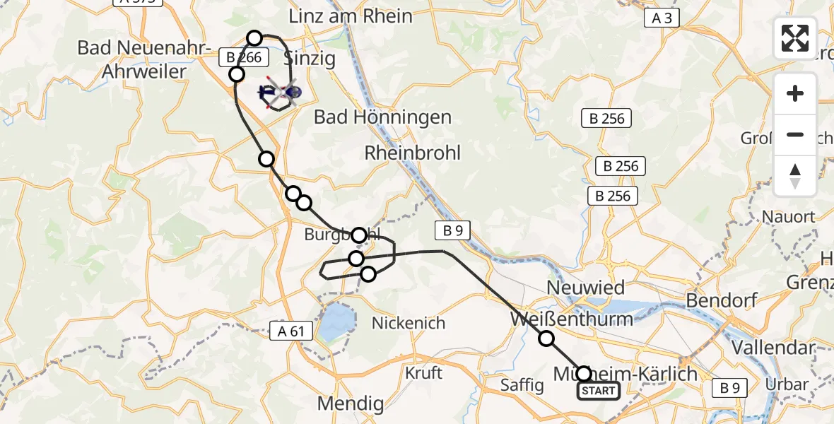 Flugroute Polizeihubschrauber Mülheim-Kärlich - Sinzig, 25 August 2026, 08:10