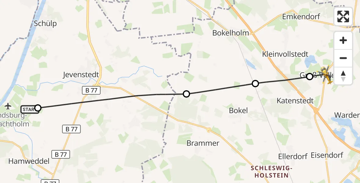 Flugroute Ambulanzhubschrauber Hörsten - Groß Vollstedt, 25 August 2026, 08:14