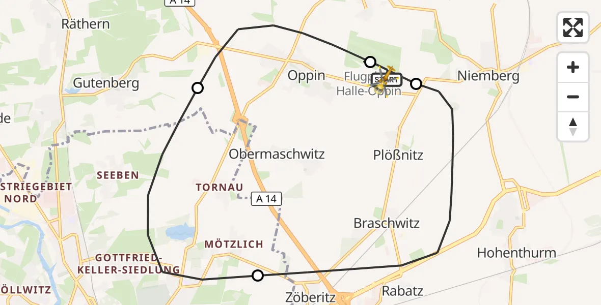 Flugroute Rettungshubschrauber Halle-Oppin Flugplatz - Halle-Oppin Flugplatz, 25 August 2026, 08:22