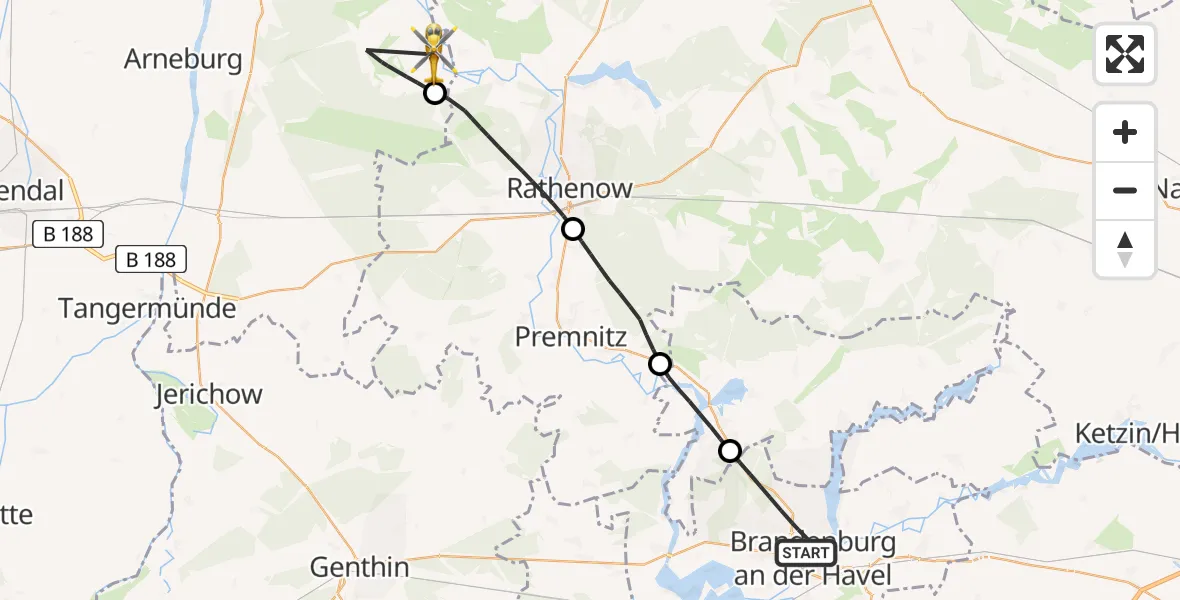 Flugroute Rettungshubschrauber Brandenburg an der Havel - Schollene, 25 August 2026, 08:26