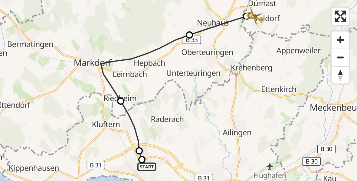 Flugroute Rettungshubschrauber Friedrichshafen Hospital - Ravensburg, 25 August 2026, 08:29