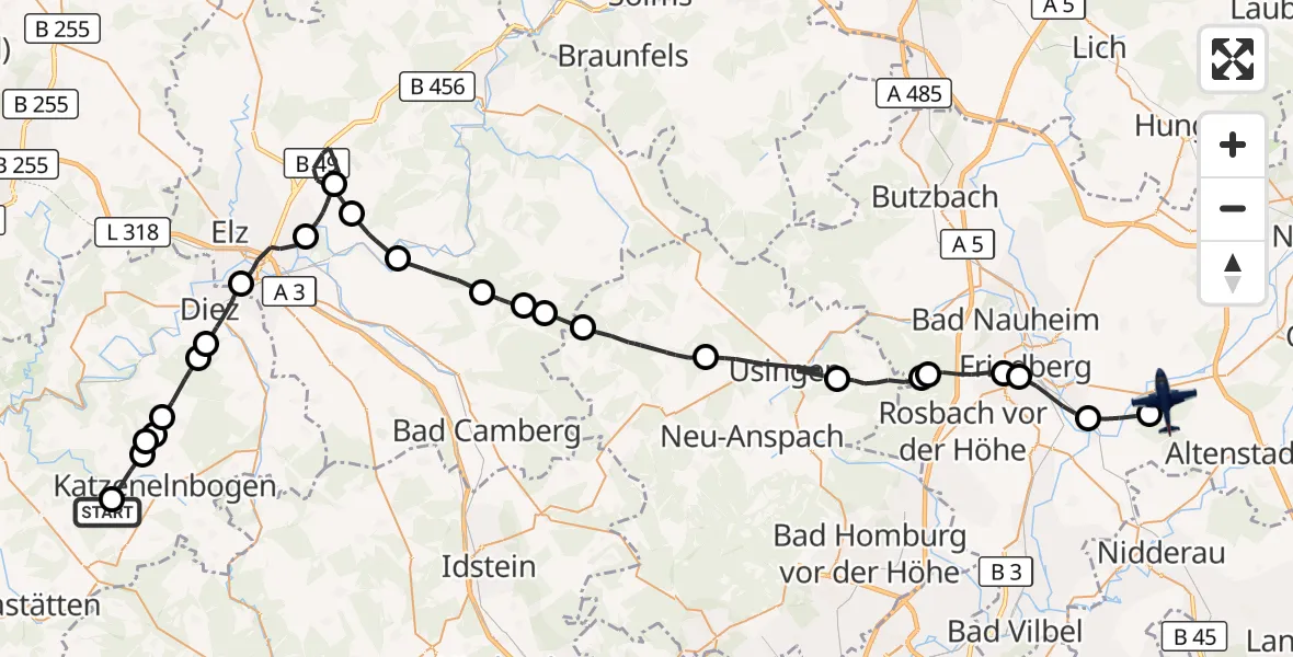 Flugroute Polizeiflugzeug Oberfischbach - Florstadt, 25 August 2026, 08:33