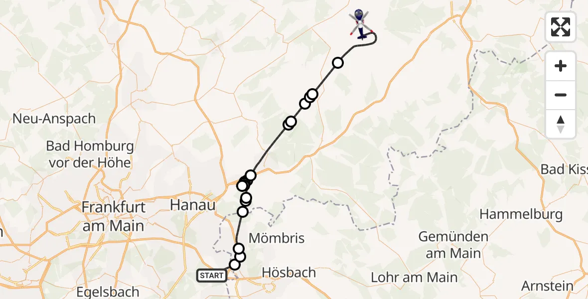 Flugroute Polizeihubschrauber Mainhausen - Freiensteinau, 25 August 2026, 08:34