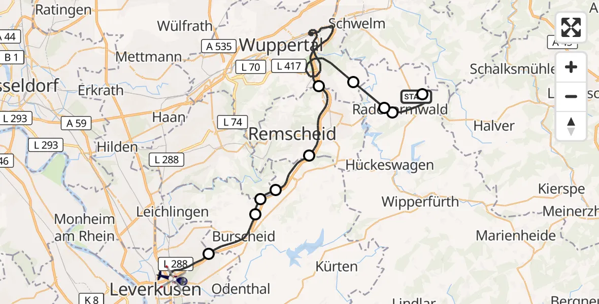 Flugroute Polizeihubschrauber Radevormwald-Leye Segelfluggelände - Leverkusen, 25 August 2026, 08:36